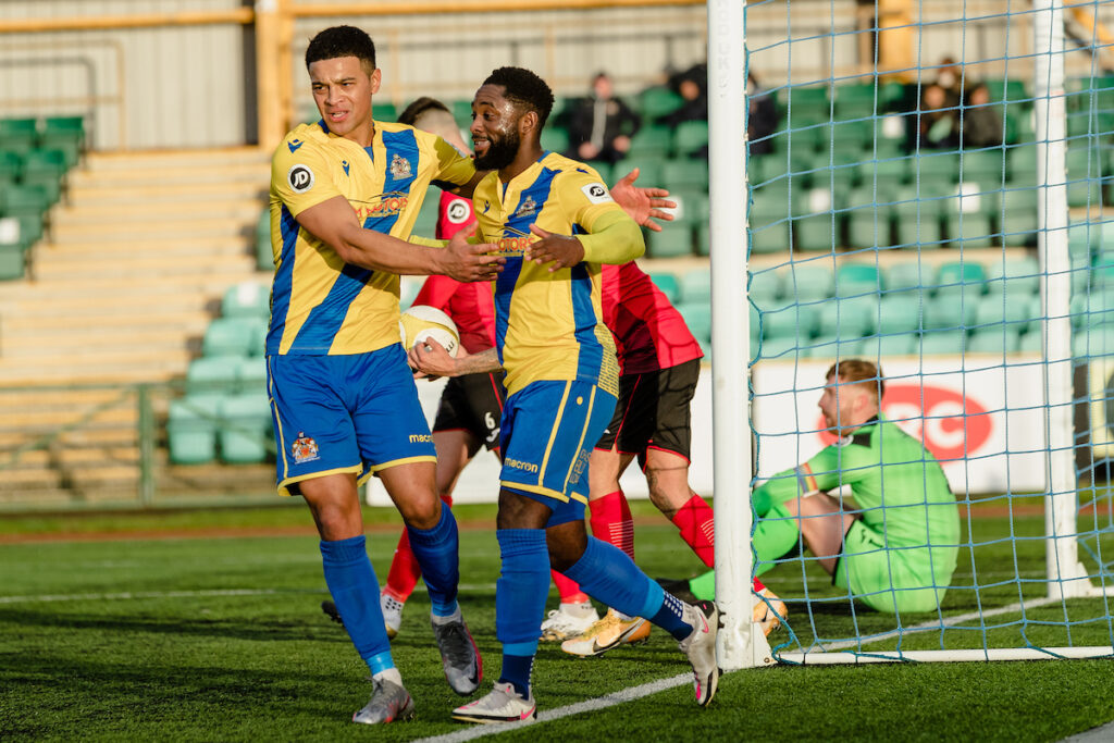 Nat Jarvis and Kayne McLaggon celebrate scoring for Barry Town United