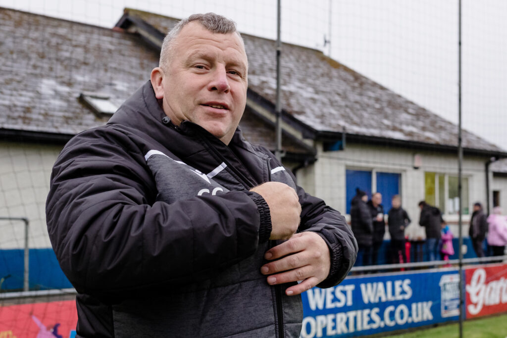 Bala Town's manager Colin Caton during the JD Cymru Premier league fixture between Haverfordwest County A.F.C & Bala Town F.C, Bridge Meadow Stadium, December 11th, 2021, Haverfordwest, Wales