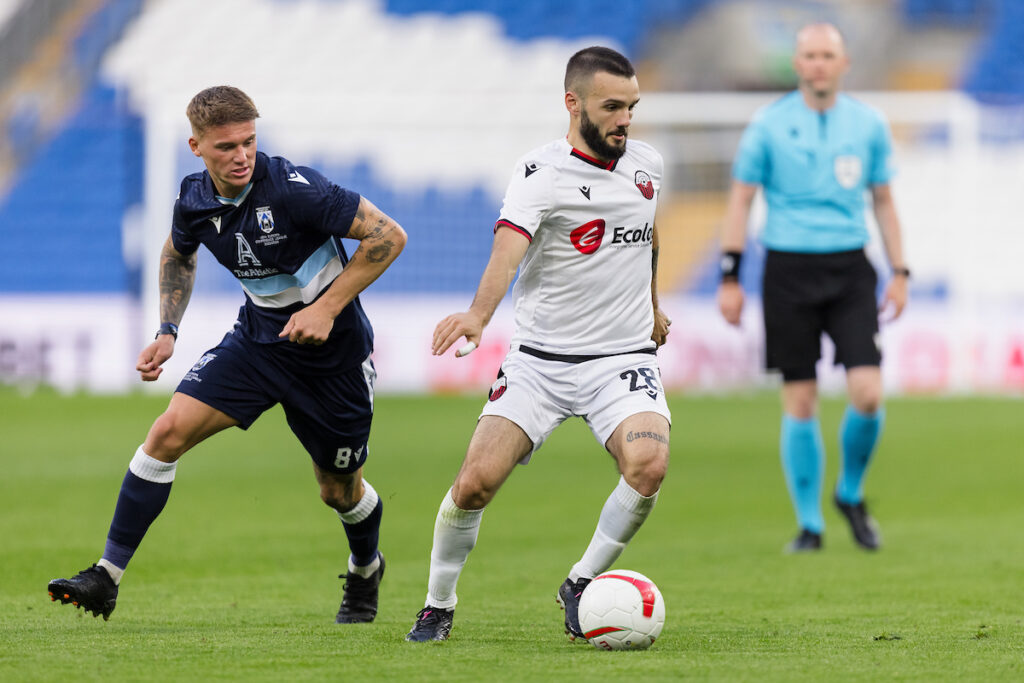 Haverfordwest County in action against KF Shkendija in the UEFA Conference League at the Cardiff City Stadium. 