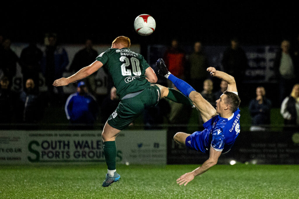 Chris Venables scores against Barry Town United for Penybont in the JD Cymru Premier. 