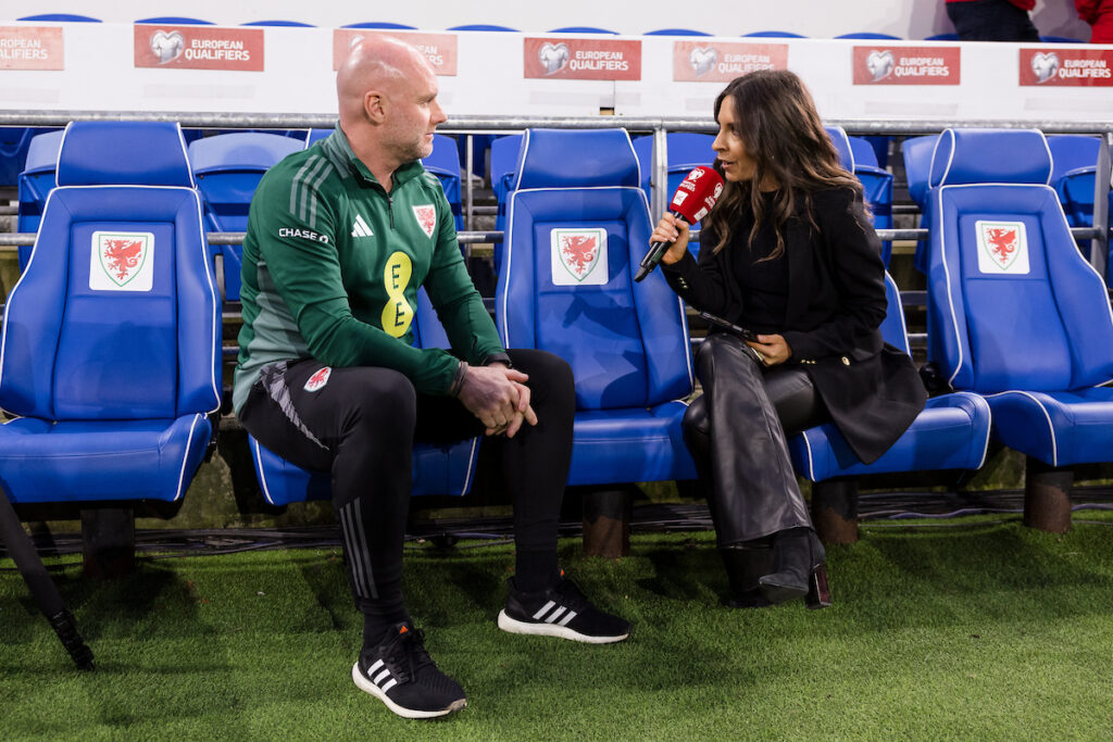 Wales’ Head Coach Robert Page and Sioned Dafydd during the 2024 European Championship Play-Off Final game between Wales and Poland at the Cardiff City Stadium on the 26th of March 2024