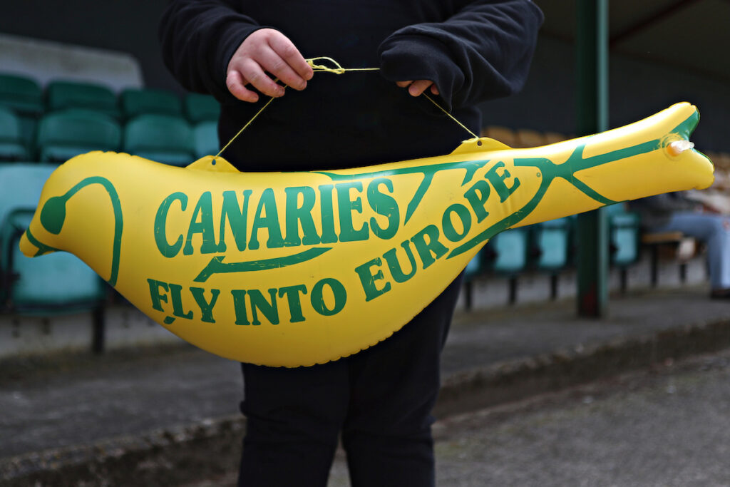 A Caernarfon Canary before Caernarfon Town vs Penybont FC in the JD Cymru European Play-Off Final at The Oval, Caernarfon