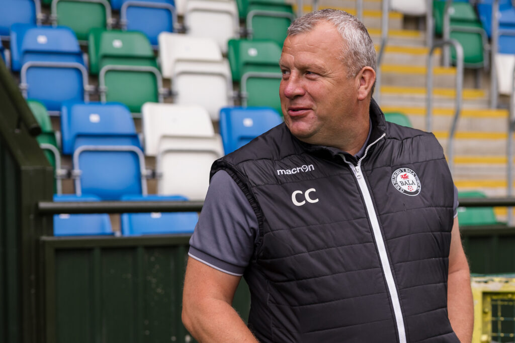 Bala Town's manager Colin Caton during the UEFA Conference League first qualifying round 1st leg fixture between Cymru premier’s Bala Town FC & Estonias’ Paide Linnameeskond at Park Hall Stadium, Oswestry, England