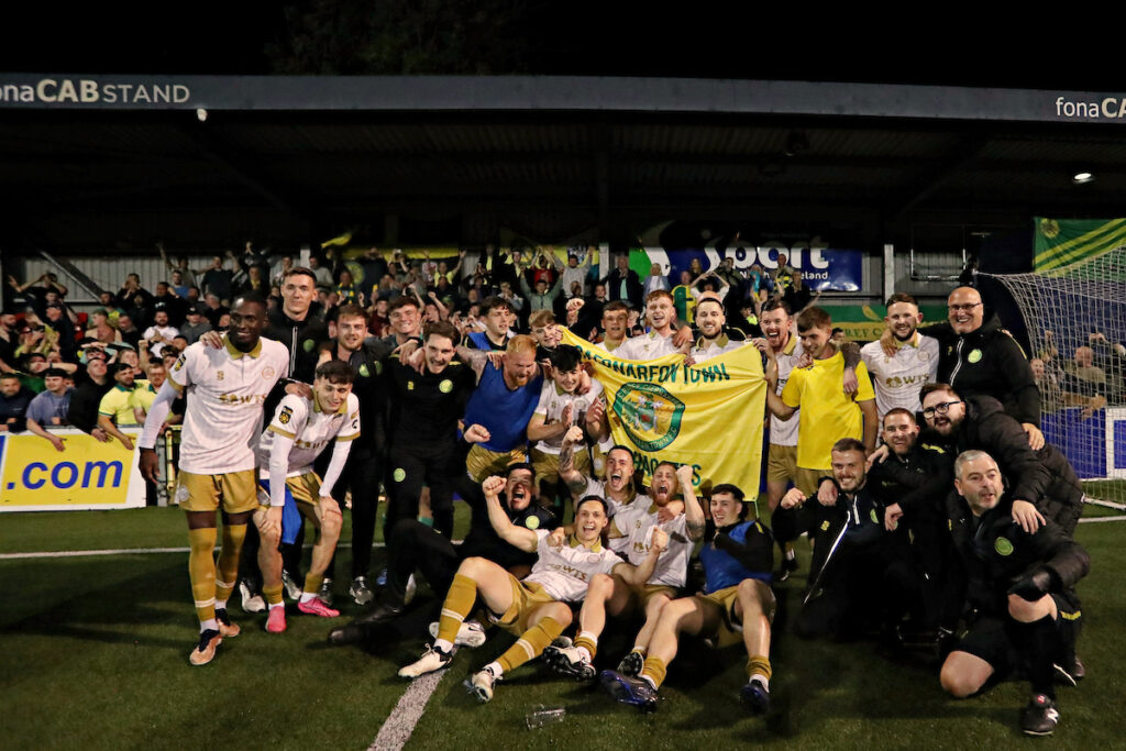 Caernarfon celebrate after Crusaders FC vs Caernarfon Town in the UEFA Europa Conference League First qualifying round second leg at Seaview Stadium, Belfast