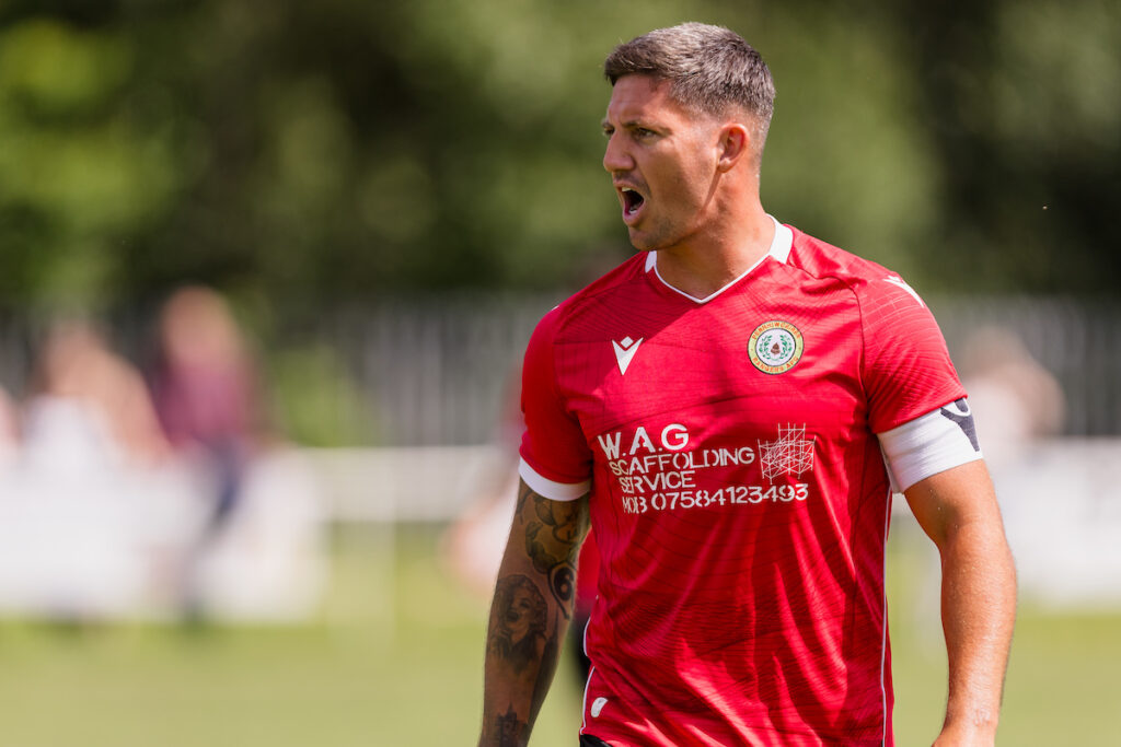 Penrhiwceiber's Warren Jones during the 2024/25 JD Cymru South League fixture between Penrhiwceiber Rangers F.C. and Baglan Dragons FC at Glasbrook Field, Rhondda, Wales