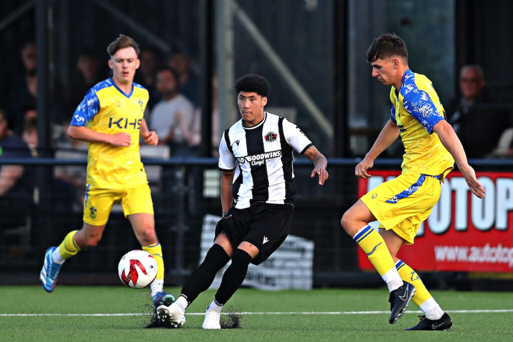 Llandudno's Alex Boss during Llandudno FC vs Colwyn Bay FC in Round 4 of the JD Cymru North at the Go Goodwins Stadium, Llandudno