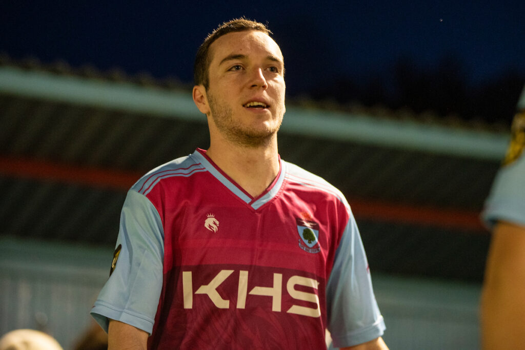 Colwyn Bay's Dan Atkins ahead of the JD Cymru North fixture between Colwyn Bay and Airbus UK Broughton at Llanelian Road, Colwyn Bay. 25th of September, Flint, Wales