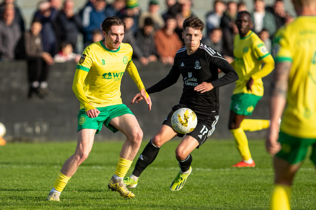 Caernarfon Town's Mathew Jones during the JD Cymru Premier fixture between Caernarfon Town and Connah's Quay Nomads at the Carling Oval, Caernarfon, Wales