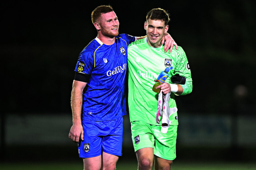 Haverfordwest's Lee Jenkins and Zac Jones after Bala Town vs Haverfordwest County in Round 11 of the JD Cymru Premier at Maes Tegid, Bala