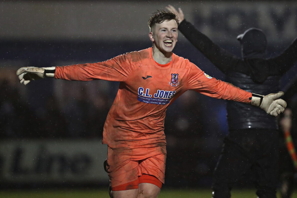 Holyhead's Guto Hughes celebrates after Holyhead Hotspur vs Caernarfon Town in Round 2 of the FAW Welsh Cup at The New Oval, Holyhead