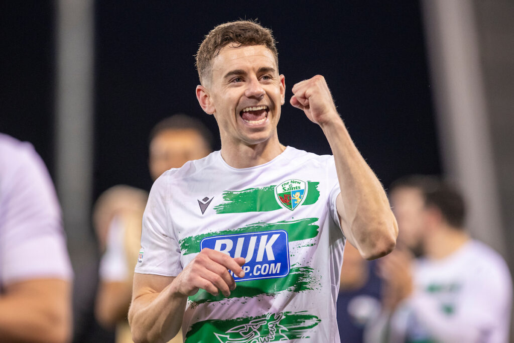 The New Saints' Danny Davies celebrates at full time  following the UEFA Conference League Group Stage fixture between The New Saints (Wales) and FC Astana (Kazakhstan) at The Crowd Meadow Stadium, Shrewsbury. 24th of October, Shrewsbury, England