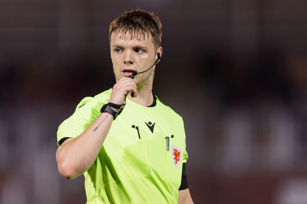 JD Cymru Leagues Match Referee Christopher Ball during the 2024/25 JD Cymru South fixture between Llanelli Town AFC and Penrhiwceiber Rangers AFC, Stebonheath Park, Llanelli,   Wales