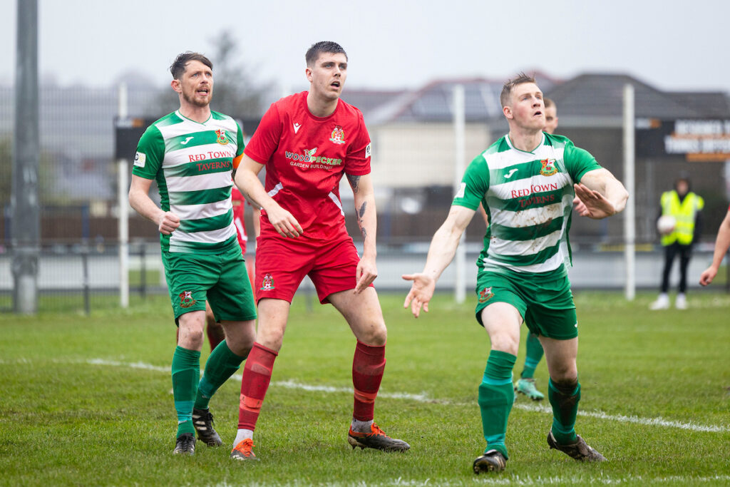 Kris Evans of Briton Ferry in action.
Briton Ferry Llansawel v Llanelli Town in the Welsh Blood Service Cup Southern Final at The Recreation Ground on the 6th April 2024