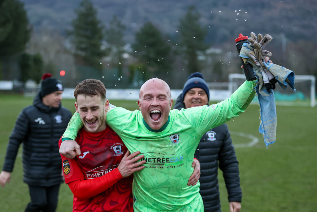 Baglan Dragons goalkeeper Matthew Stanton celebrates after winning in the JD Cymru Leagues South