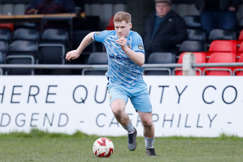 George Sheppard of Caerau Ely FC during the 2024/25 JD Cymru South fixture between Baglan Dragons FC and Caerau Ely FC at Evans Bevans Playing Fields, Baglan, Wales