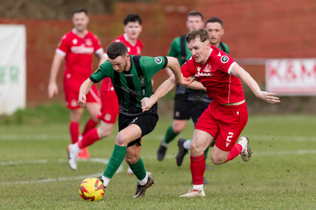 Aberystwyth Town's Niall Flint during the 2024/25 JD Cymru Premier Play-Off Conference league fixture between Briton Ferry Llansawel A.F.C and Aberystwyth Town F.C at Old Road Stadium, Port Talbot, Wales