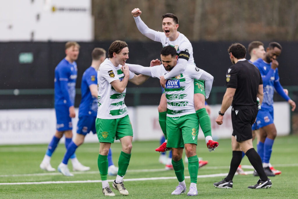 The New Saints' Ryan Brobbel scores and celebrates 3-0 during the Second Phase of the JD Cymru Premier 2024/25 Championship Conference league fixture between The New Saints FC and Penybont FC at Park Hall, Oswestry, Wales