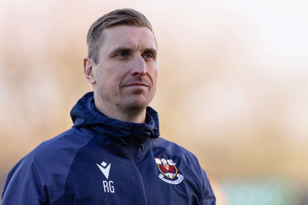 Penybont manager Rhys Griffiths  during the 2024/25 JD Cymru Premier Champion Conference league fixture between Caernarfon Town FC and Penybont FC at the Oval Stadium, Caernarfon, Wales
