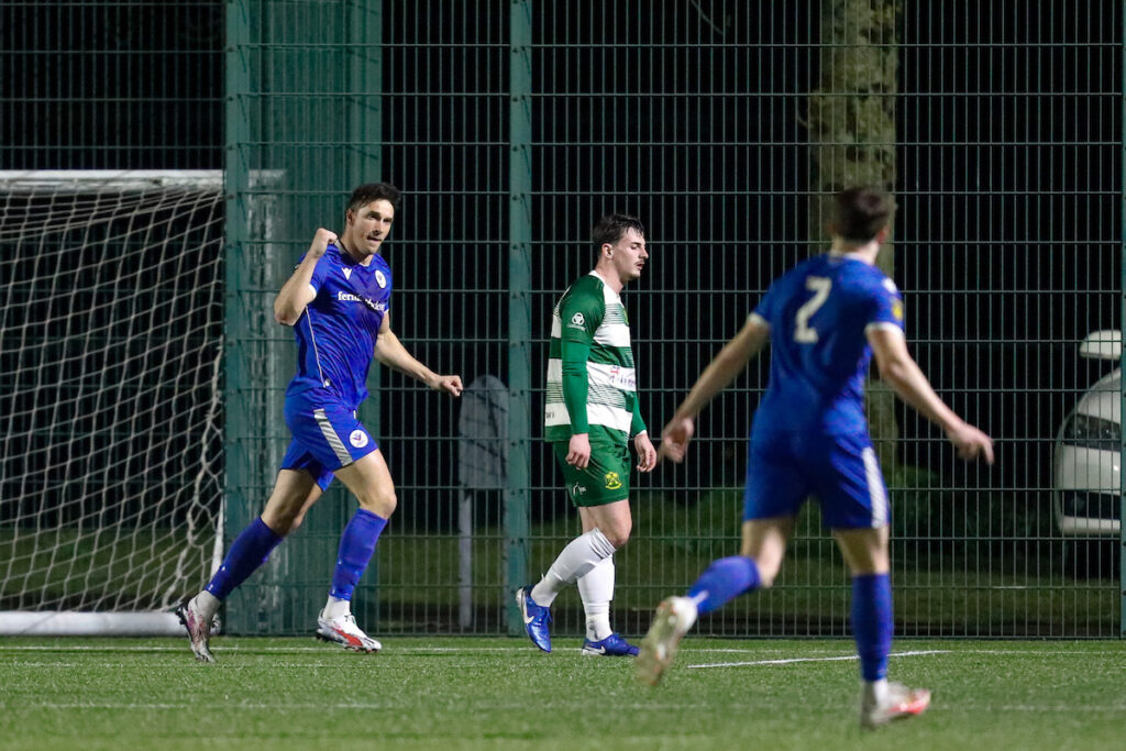 Gareth Tedstone of Trethomas Bluebirds AFC celebrates after scoring during the 2024/25 JD Cymru South fixture between Trethomas Bluebirds & Cwmbran Celtic at CCB Centre For Sporting Excellence, Ystrad Mynach, Wales