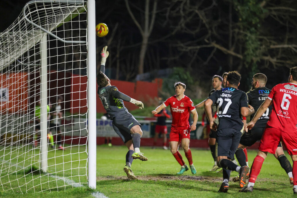 Will Fuller of Britton Ferry Llansawel during the 2024/25 JD Cymru Leagues Premier league fixture between Briton Ferry Llansawel and Newtown AFC at Old Road Welfare Ground, Neath, Wales