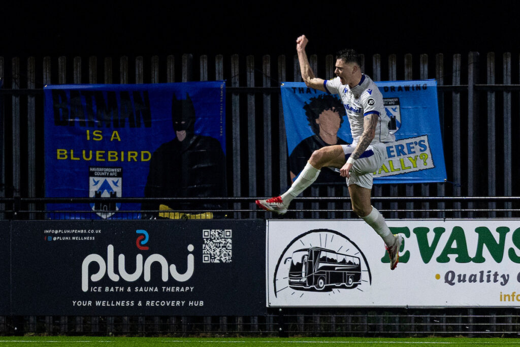 James Crole of Penybont celebrates scoring his sides second goal.
Haverfordwest County v Penybont in the JD Cymru Premier at Bridge Meadow Stadium on the 21st March 2025