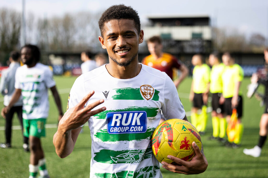 Adam Wilson of TNS with his hattrick ball.
Cardiff Metropolitan University v The New Saints in the JD Cymru Premier at Cyncoed Campus on the 22nd March 2025