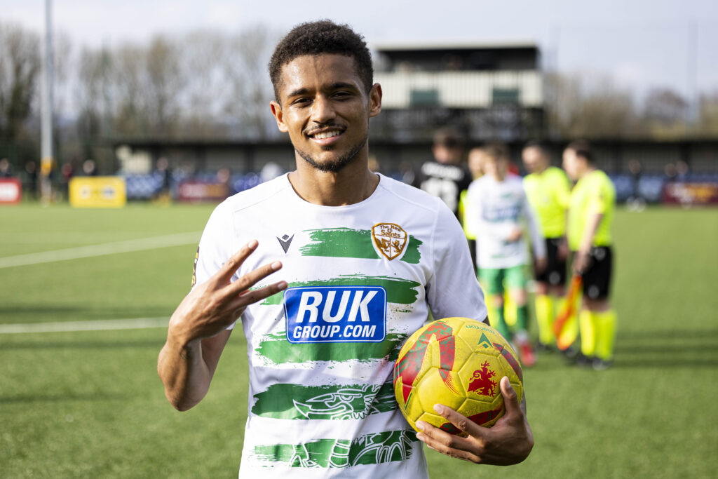 Adam Wilson of TNS with his hattrick ball.
Cardiff Metropolitan University v The New Saints in the JD Cymru Premier at Cyncoed Campus on the 22nd March 2025