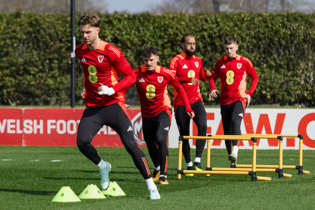 Wales' Joe Rodon, Wales' Connor Roberts, Wales' Sorba Thomas and Wales' David Brooks during a training session at the Vale Resort ahead of the 2026 FIFA World Cup qualifying group J fixture against North Macedonia at the Toše Proeski Arena stadium, Skopje city, North Macedonia on the 25th of March
