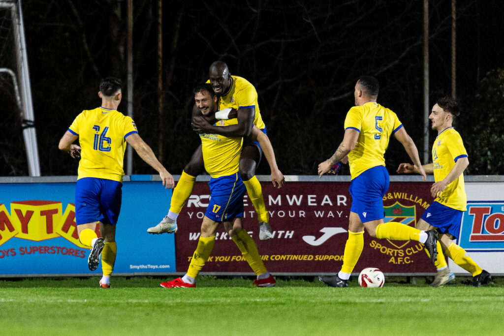 Liam Griffiths of Afan Lido celebrates scoring his sides first goal.
Llanelli Town v Afan Lido in the JD Cymru South at Stebonheath Park on the 28th March 2025