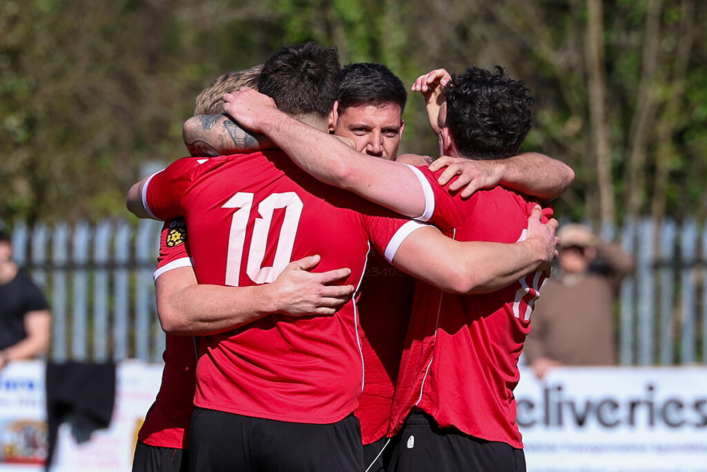 Warren Jones of Penrhiwceiber Rangers celebrates after scoring during the 2024/25 JD Cymru South fixture between Penrhiwceiber Rangers & Ammanford at Glasbrook Field, Mountain Ash, Wales