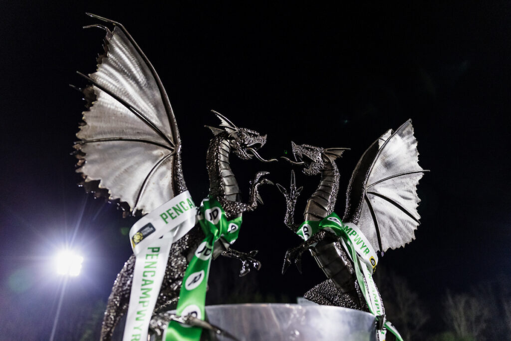 A detailed view of the JD Cymru Premier trophy in green and white ribbons for The New Saints