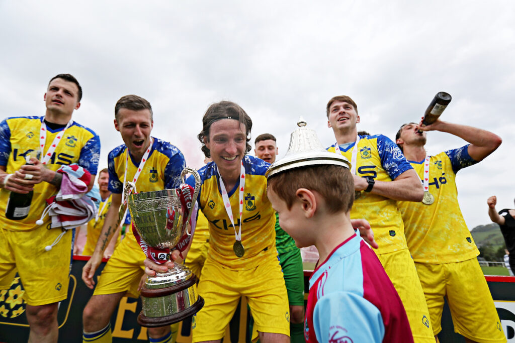 Colwyn Bay celebrate winning the JD Cymru North after CPD Penrhyncoch vs Colwyn Bay FC in Round 30 of the JD Cymru North at Cae Baker, Penrhyncoch