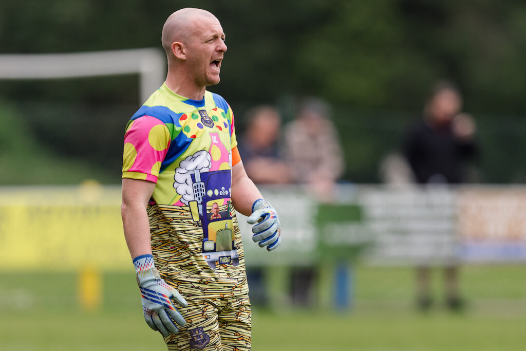 Llantwit Major goalkeeper Jack Lansdown during the 2024/25 JD Cymru South league fixture between Cwmbran Celtic AFC and Llantwit Major AFC at Avondale Motor Park Arena, Cwmbran, Wales
