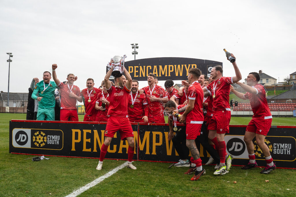 Llanelli Town AFC trophy celebrations during the 2024/25 JD Cymru South fixture between Llanelli Town AFC & Trefelin BGC AFC at Stebonheath Park, Llanelli,   Wales