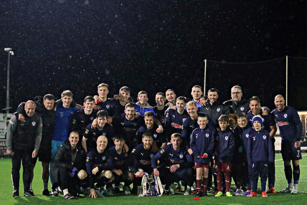 Airbus celebrate winning the Welsh Blood Service League Cup after Airbus UK Broughton vs CPD Bangor 1876 in the Northern Final of the Welsh Blood Service League Cup at the Go Goodwins Stadium, Llandudno