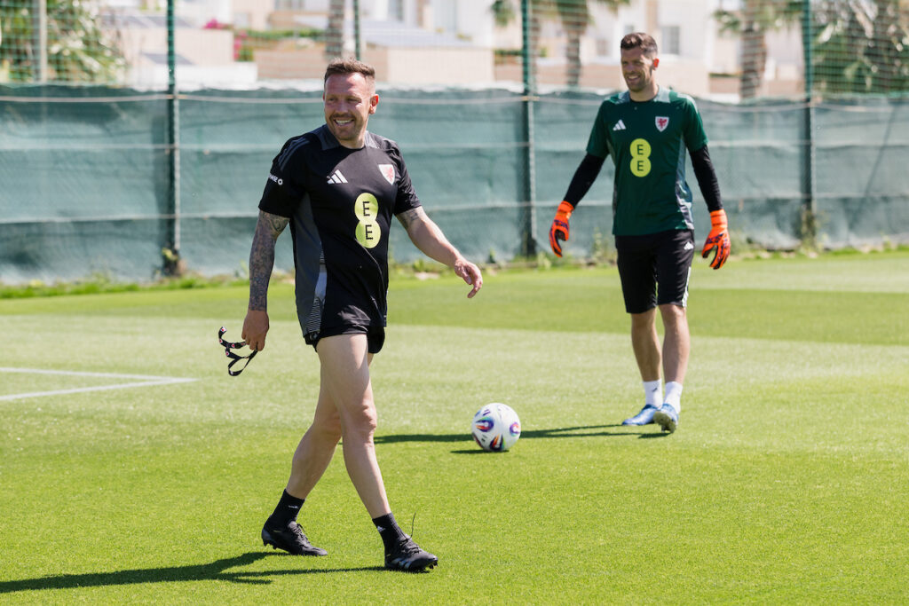 Cymru national team manager Craig Bellamy and Connor Roberts during a warm weather training camp
