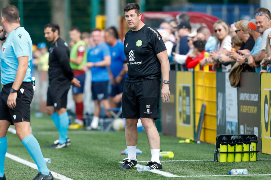 Caernarfon Town Manager Richard Davies during the 2025/26 JD Cymru Leagues Premier league fixture between Cardiff Met University FC and Caernarfon Town at Cyncoed Stadium, Cardiff, Wales