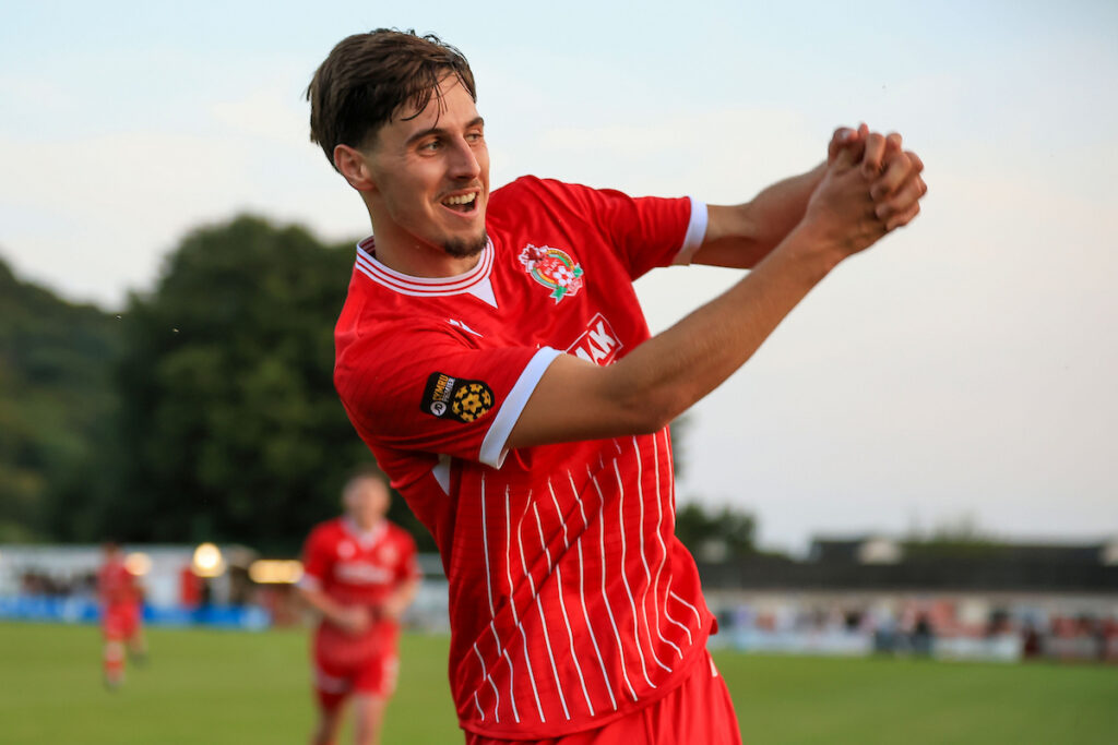 Ruben Davies of Briton Ferry Llansawel AFC celebrates after scoring during the 2025/26 JD Cymru Premier league fixture between Briton Ferry Llansawel AFC & Cardiff Met University FC  at The Renewable Centre Stadium, Neath, Wales.