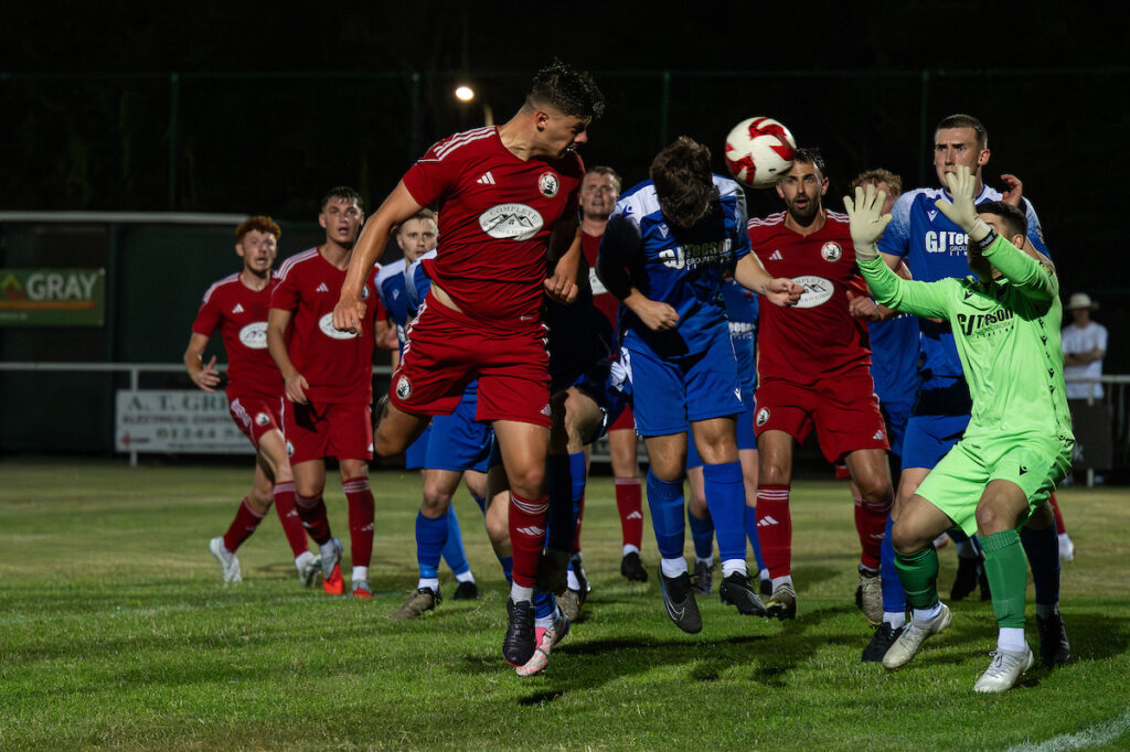 Luke Mariette of Buckley Town scores to make it 3-2 during the JD Cymru North game between Buckley Town and Ruthin Town at the Globe in Buckley on the 15th August 2025