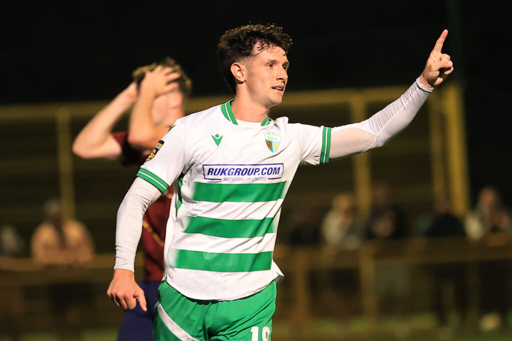 Rory Holden of The New Saints celebrates after scoring during the 2025/26 JD Cymru Premier league fixture between Cardiff Met University FC & The New Saints at Cyncoed Stadium, Cardiff, Wales