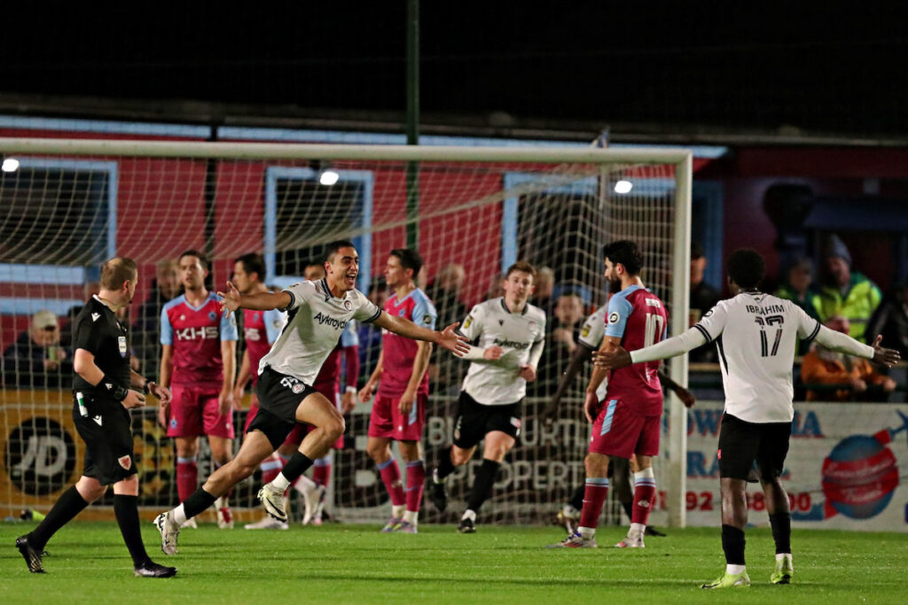 Hussein Mehasseb of Bala Town celebrates his goal during Colwyn Bay FC vs Bala Town in Round 9 of the JD Cymru Premier at The Blue Turtle Arena, Colwyn Bay