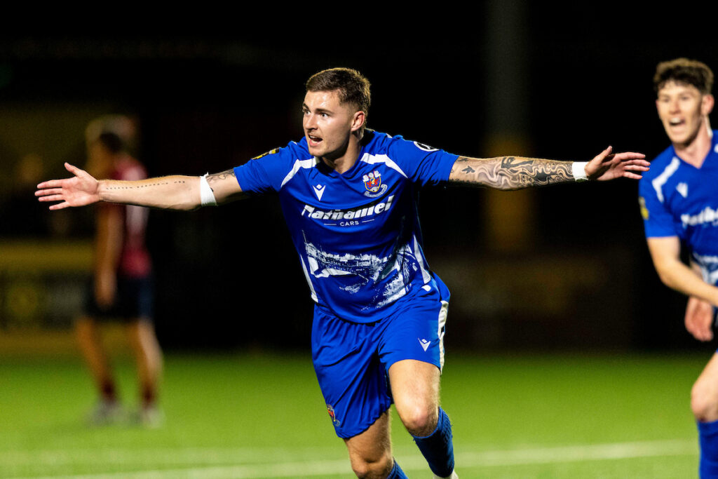 James Crole of Penybont celebrates scoring his sides fourth goal.
Cardiff Met v Penybont in the JD Cymru Premier at Cyncoed Campus on the 23rd September 2025