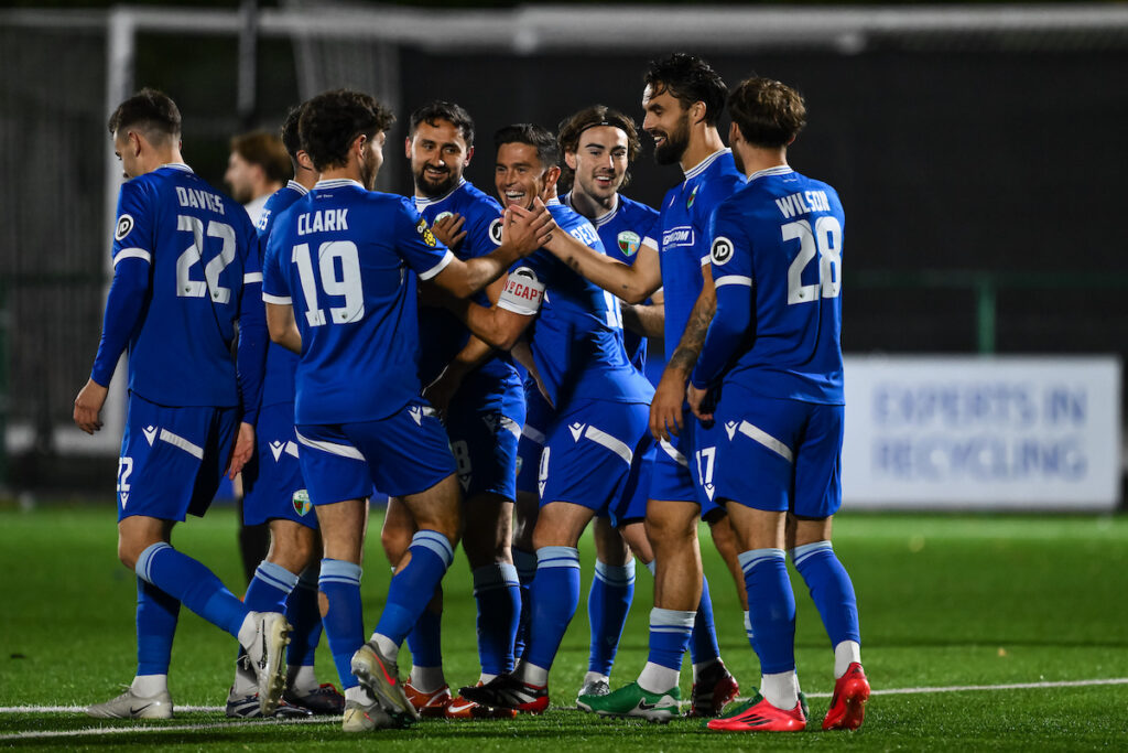 Jordan Williams of The New Saints F.C.celebrates his goal to make it 1-0 during the JD Cymru Premier game between The New Saints and Flint Town United at the Park Hall Stadium in Oswestry on the 23rd August 2025