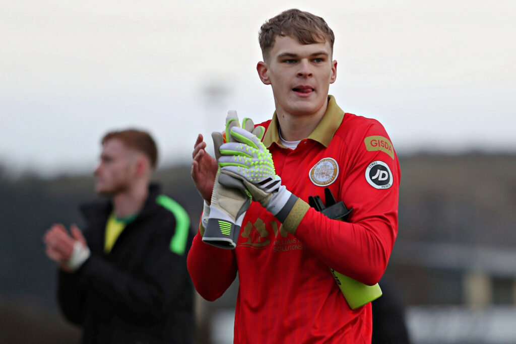 Swansea City's Ben Hughes of Caernarfon after Bala Town vs Caernarfon Town in Round 21 of the JD Cymru Premier at the Go Goodwins Stadium, Llandudno