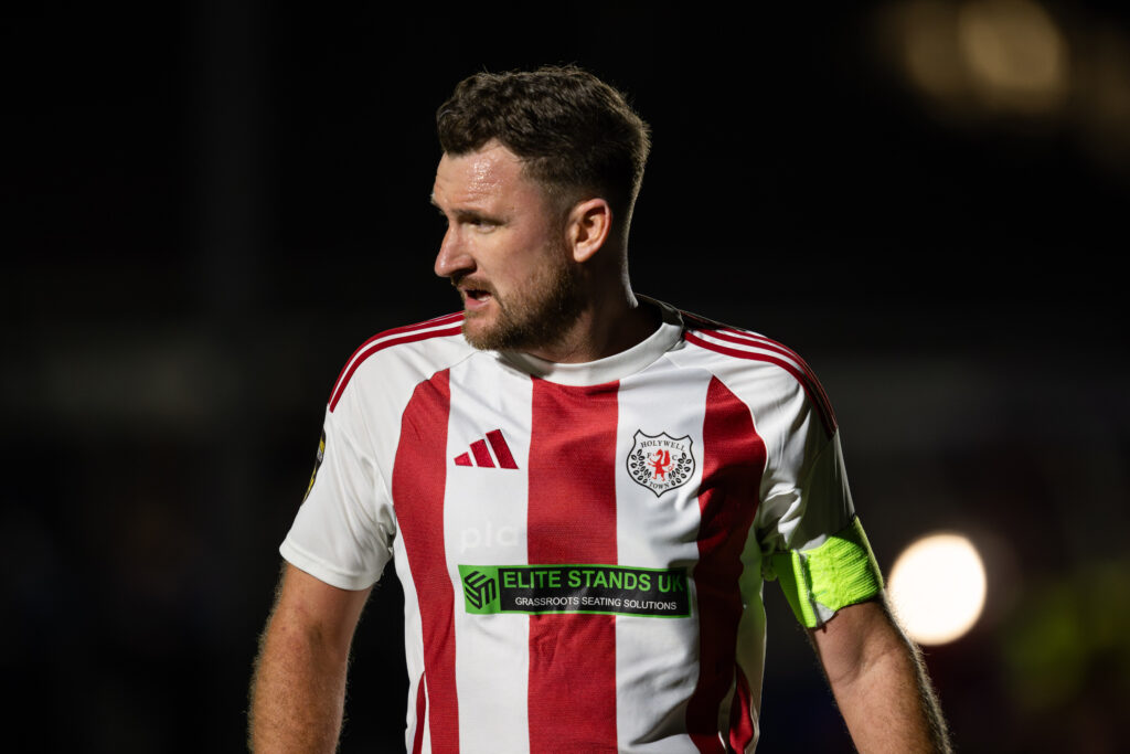 BROUGHTON, WALES - 03 OCTOBER 2025: Danny Sullivan of Holywell Town FC during the JD Cymru North game between Airbus UK Broughton and Holywell Town at The Hollingsworth Group Stadium in Broughton