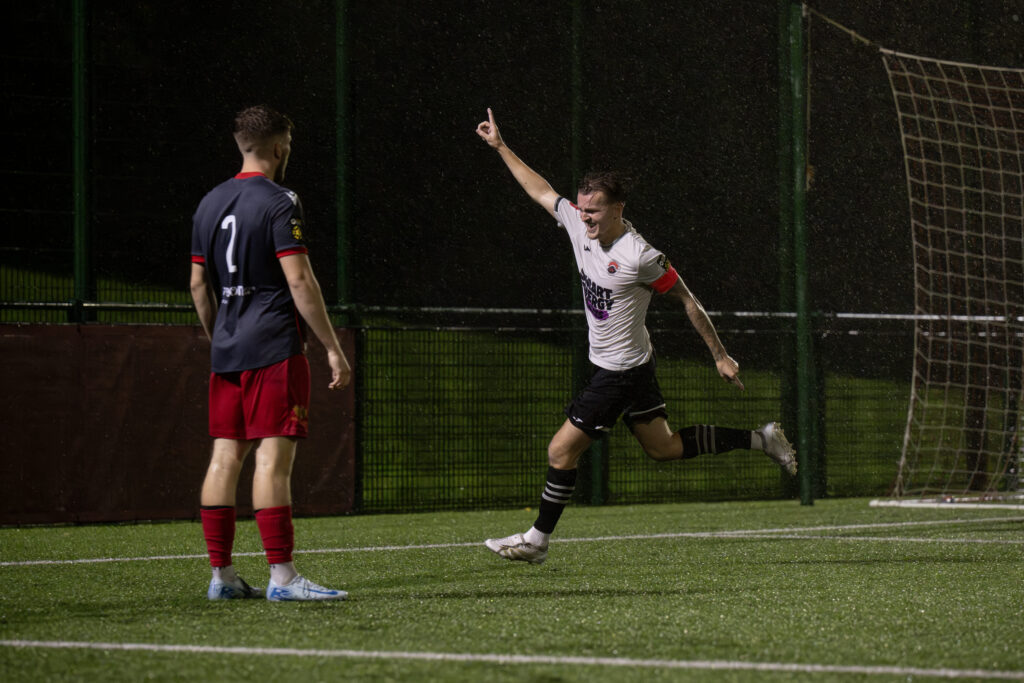Pontypridd United's Jamie Veale celebrates scoring his sides third goal  during the JD Cymru South 25/match between Pontypridd United and Treowen Stars AFC at USW Sports Park in Pontypridd on the 3rd October 2025