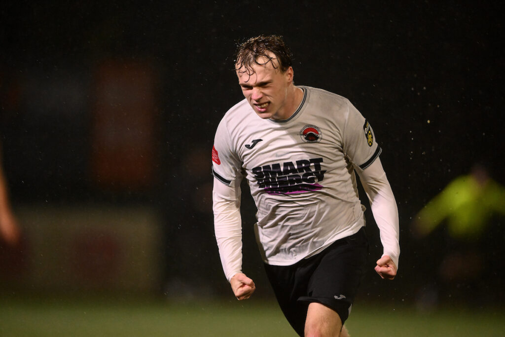 ontypridd United's Ethan Edwards celebrates scoring his sides third goal during the JD Cymru South 25/match between Pontypridd United and Treowen Stars AFC at USW Sports Park in Pontypridd on the 3rd October 2025.