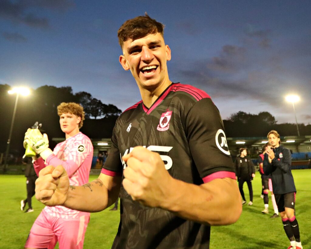 Sol Forde of Colwyn Bay F.C. celebrates after Colwyn Bay FC vs Caernarfon Town in Round 11 of the JD Cymru Premier at the Blue Turtle Arena, Colwyn Bay