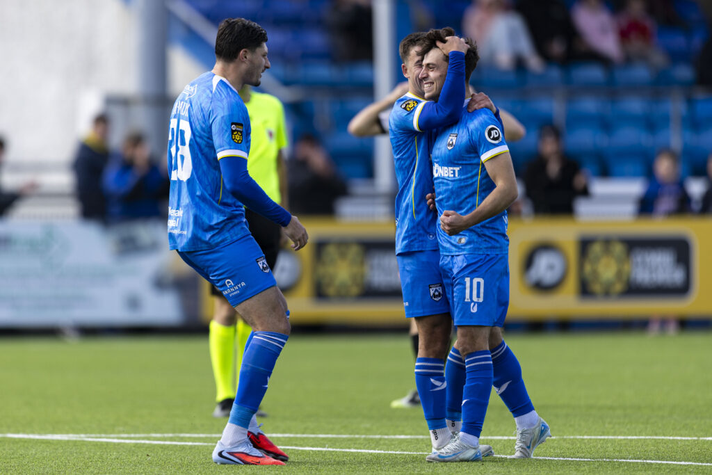 Daniel Hawkins of Haverfordwest County celebrates scoring his sides second goal.
Haverfordwest County v Flint Town United in the JD Cymru Premier at Bridge Meadow Stadium on the 4th October 2025