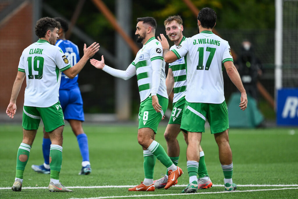 Ryan Brobbel of The New Saints F.C. celebrates scoring romr the penalty spot to make the score 2-0 during the JD Cymru Premier game between The New Saints and Penybont at the Park Hall Stadium in Oswestry.